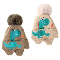 KIDS6243-2: Baby Fleece Lined Pom Hat With Dinosaur Embroidery (3-12 Months)